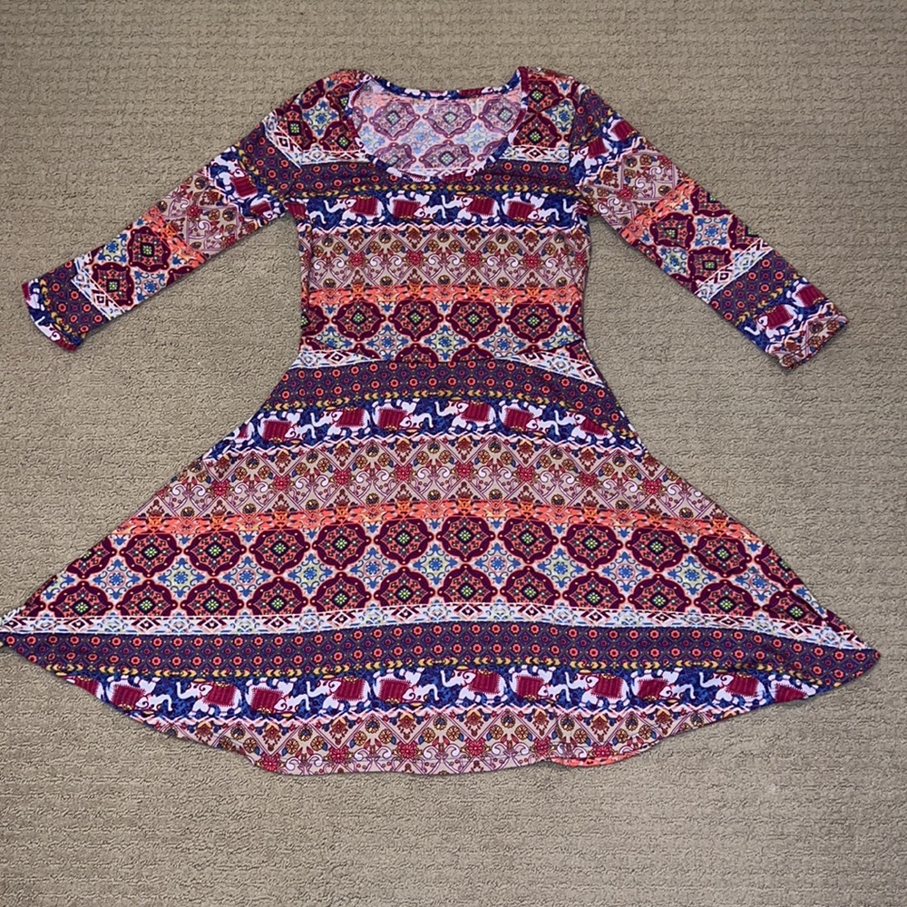 Pink white blue abstract 3/4 sleeve skater dress